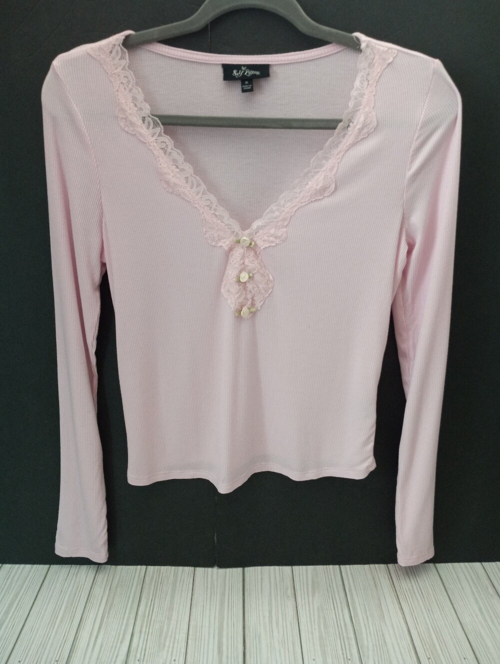 Self Esteem Y2K Baby Pink Coquette Long Sleeve Henley Ribbed Lace Vneck Top